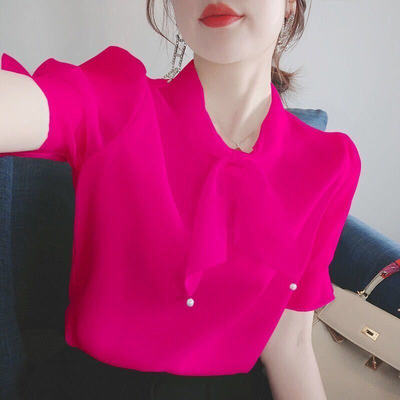 夏季新款雪纺衫女韩版宽松蝴蝶结短袖网红上衣超仙洋气小衫潮