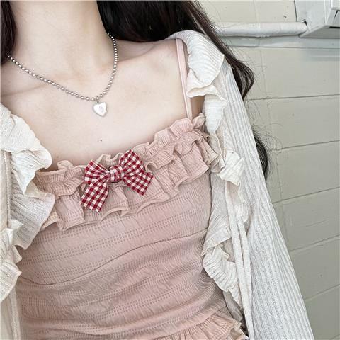 Fresh and pure, sweet bowknot, small suspender, wood ear edge vest, women's spring  short, bottom top