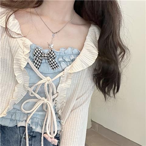Fresh and pure, sweet bowknot, small suspender, wood ear edge vest, women's spring  short, bottom top