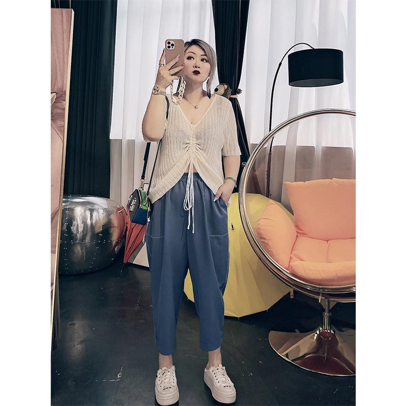 Summer oversize women's 300 kg thin Harlan pants fat MM200 kg loose and thin casual cropped pants