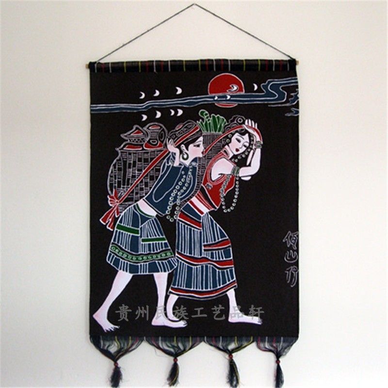 贵州苗族少数民族特色工艺品双层印染壁挂画蜡染人物装饰画布艺