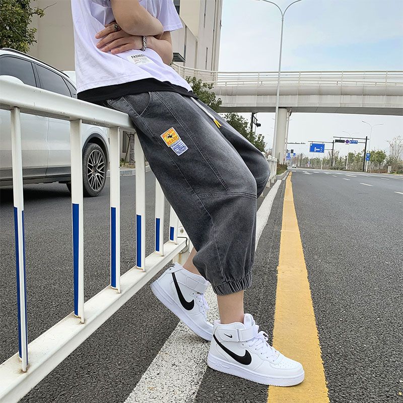 Summer thin eight-point jeans men's outerwear Korean version trendy loose seven-point beam pants tooling casual harem pants