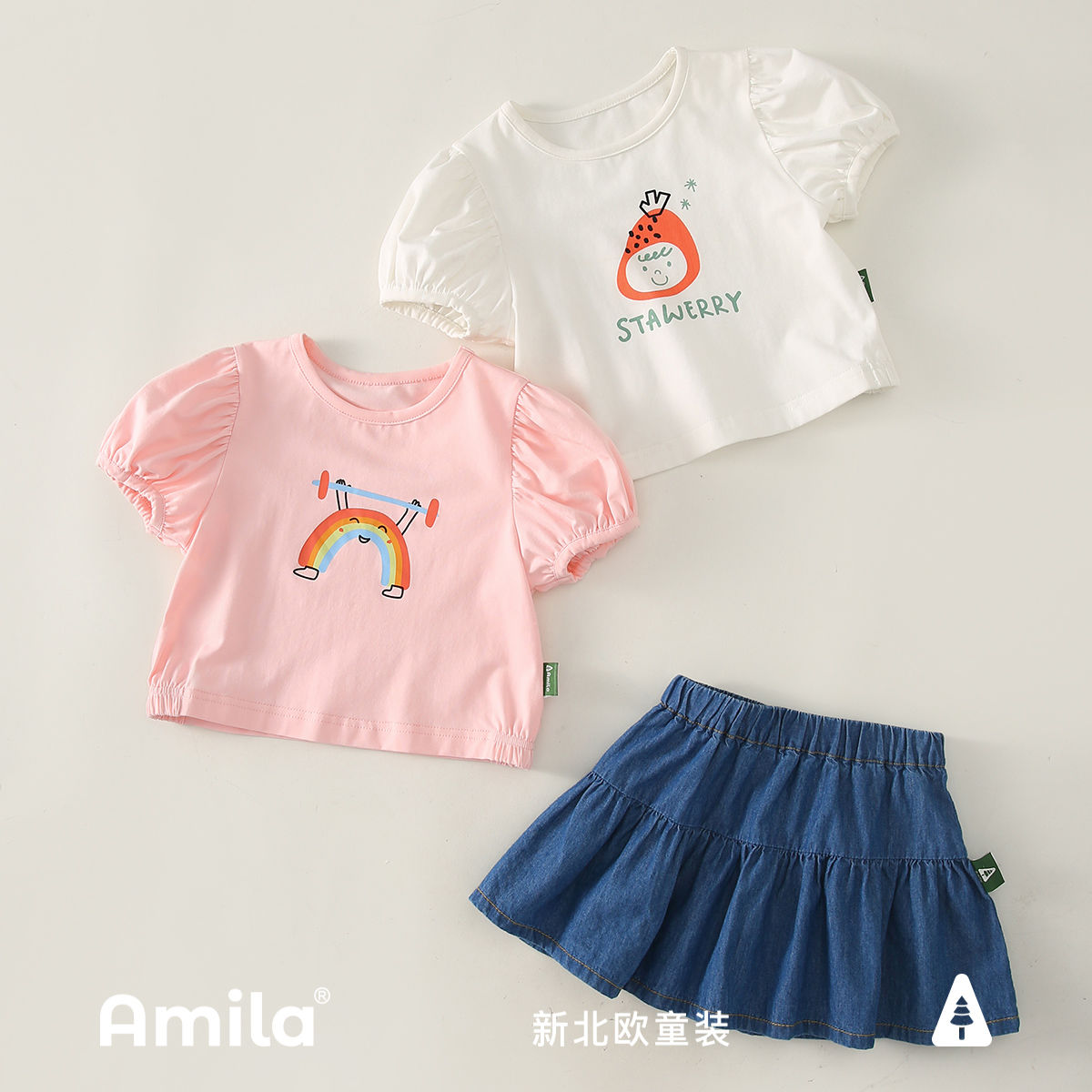 Amila children's wear 2022 summer new baby girl cotton short-sleeved T-shirt short skirt foreign style suit skin-friendly two-piece set