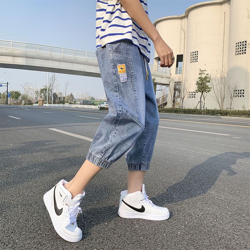 Summer thin eight-point jeans men's outerwear Korean version trendy loose seven-point beam pants tooling casual harem pants