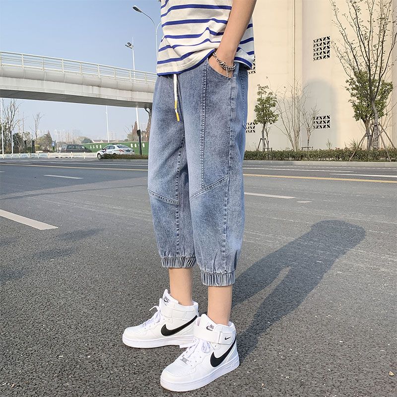 Summer thin eight-point jeans men's outerwear Korean version trendy loose seven-point beam pants tooling casual harem pants