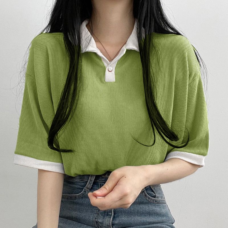 College style polo collar simple and versatile contrast Lapel t-shirt female loose student Casual Short Sleeve summer top trend