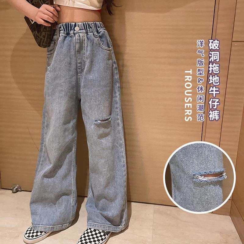 女童牛仔褲韓版破洞休閒褲洋氣女孩時髦闊腿褲兒童褲子潮款