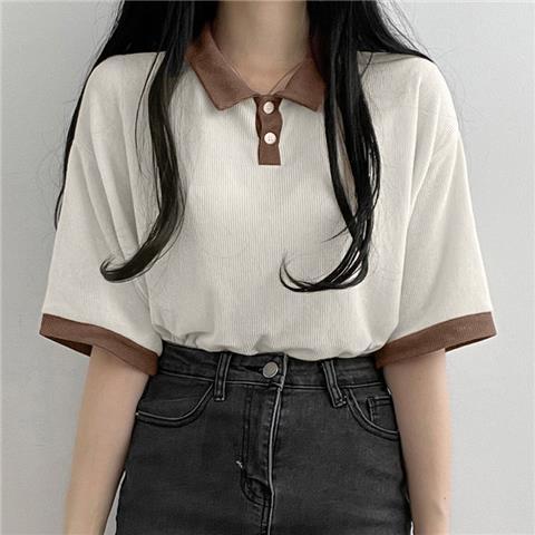 College style polo collar simple and versatile contrast Lapel t-shirt female loose student Casual Short Sleeve summer top trend