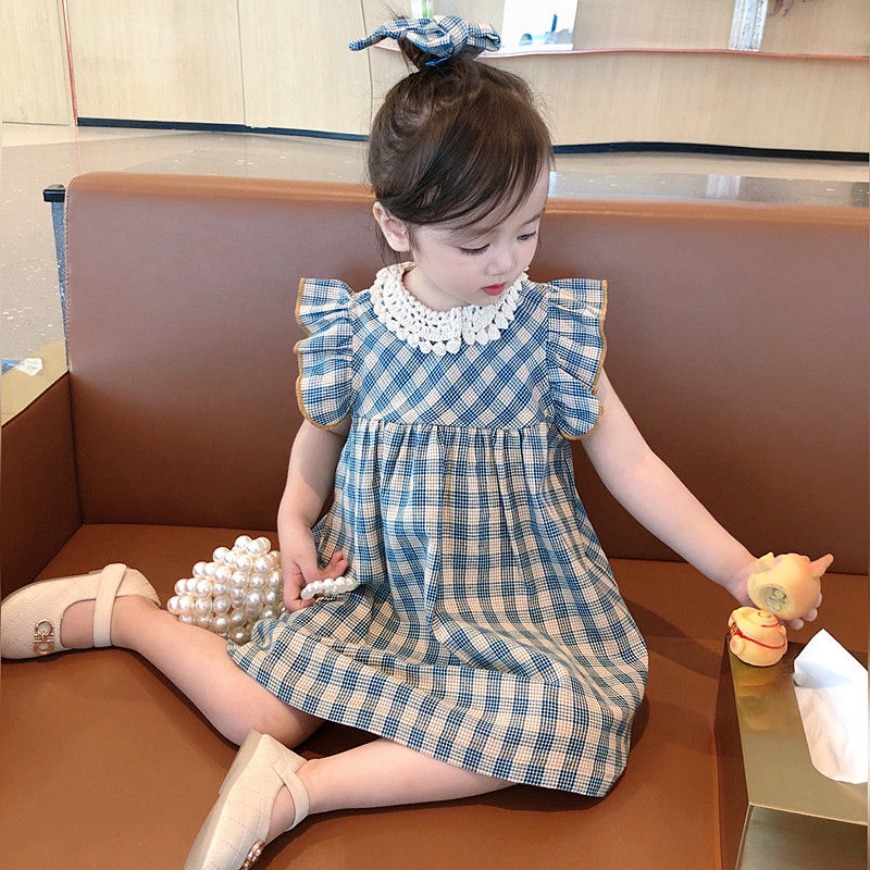 女童連衣裙夏季時尚洋氣女寶寶2022新款蕾絲棉綢格子無袖小童裙子