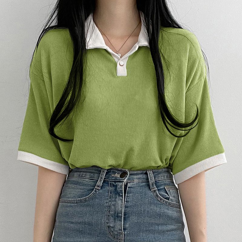 College style polo collar simple and versatile contrast Lapel t-shirt female loose student Casual Short Sleeve summer top trend