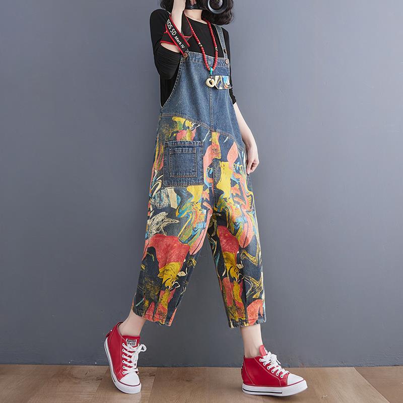 Personalized age-reducing color contrast strap jeans women's 2023 new retro casual slim slim cropped jumpsuit jumpsuit