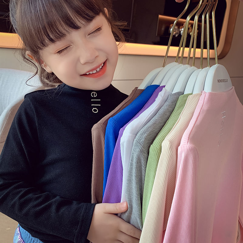 Girls bottoming shirt spring  new style little girl foreign style solid color half-high collar T-shirt girl baby long-sleeved top