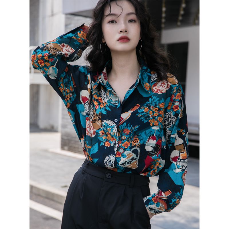 襯衫女裝夏季港風復古寬鬆小眾設計感長袖印花襯衣2022年新款上衣