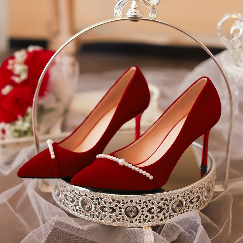 French wedding shoes winter women's high-end sense Xiuhe wedding dress two-wear high-heeled shoes niche bridal shoes red pearl shoes