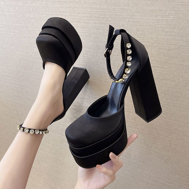  spring new European and American style super high-heeled rhinestone women's shoes double-layer waterproof platform satin square toe hollow Baotou sandals