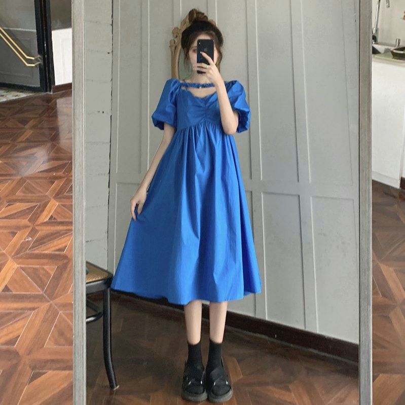 Klein blue skirt can be sweet French niche long skirt women's summer square collar bubble sleeve tea break first love girl dress