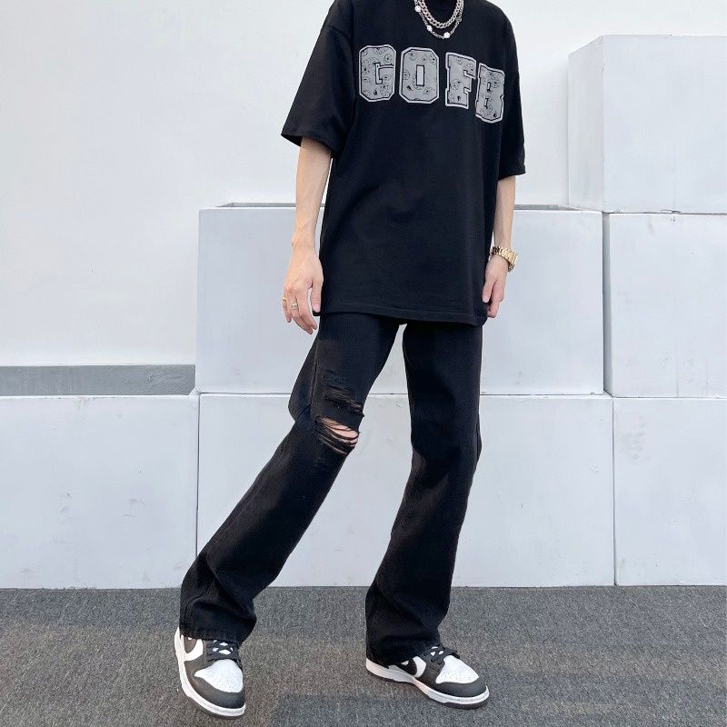 歐美高街破洞直筒牛仔褲男潮牌割破痞帥vibe風寬鬆黑色百搭長褲子