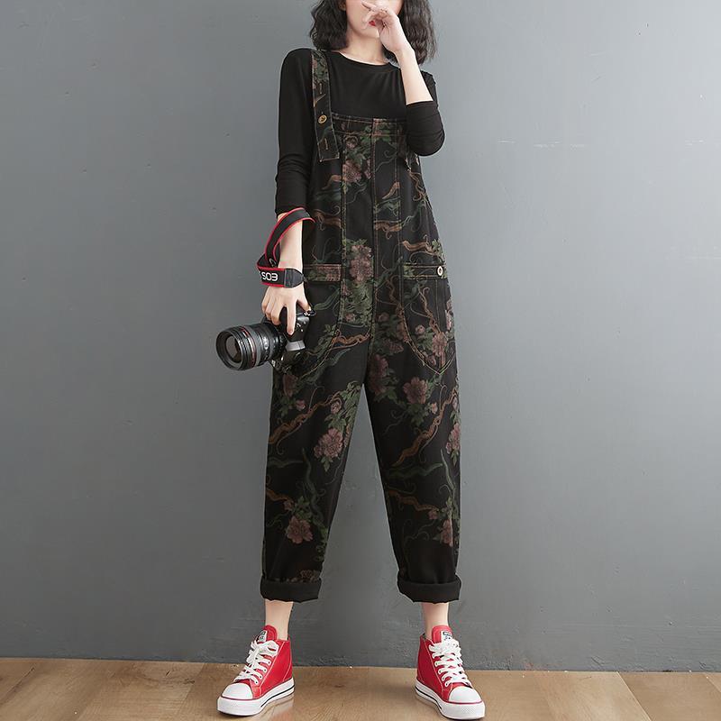High-waisted denim overalls women's loose large-size straight-leg wide-leg pants printed age-reducing large pockets hanging file jumpsuit trousers