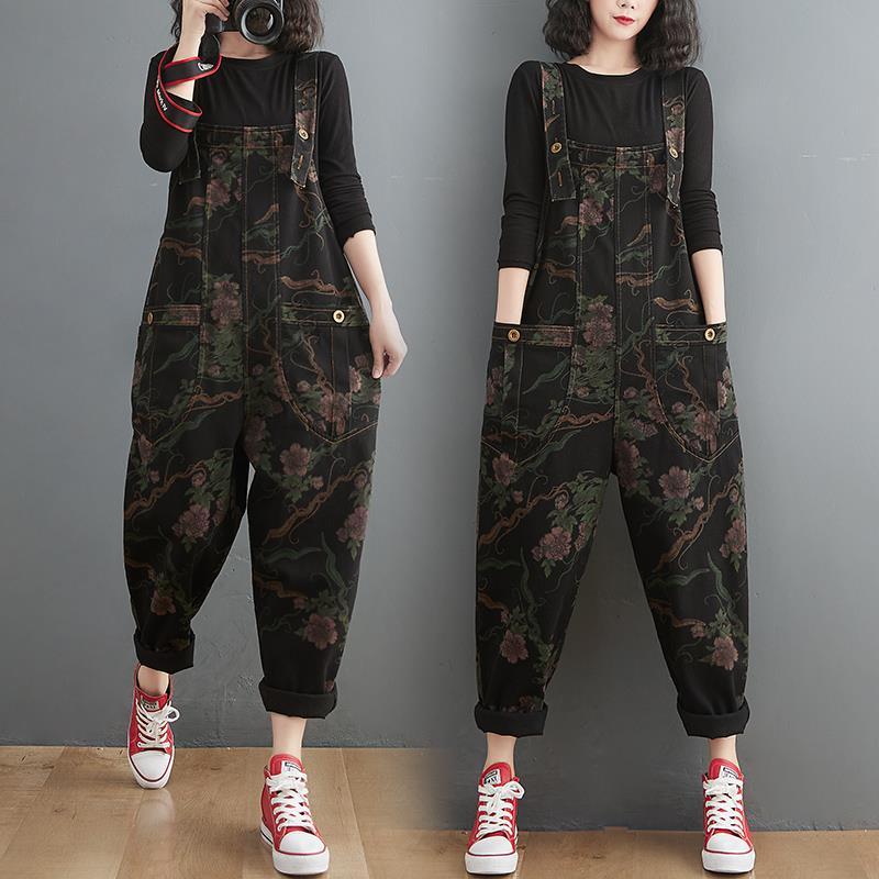 High-waisted denim overalls women's loose large-size straight-leg wide-leg pants printed age-reducing large pockets hanging file jumpsuit trousers
