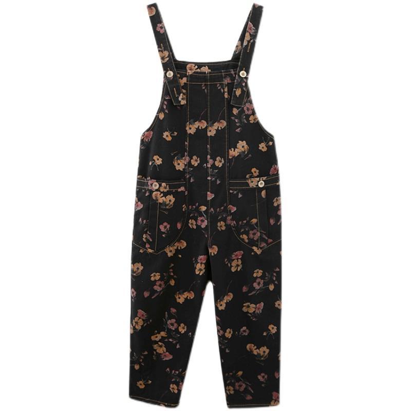 Printed denim overalls women's spring and autumn new large size fat mm high waist slimming all-match age-reducing loose jumpsuit trousers
