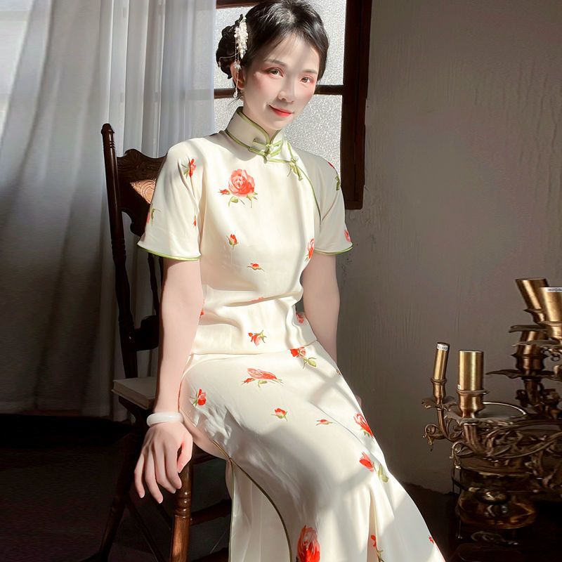 紅玫瑰2022夏季盤扣長款日常連衣裙側邊復古古法旗袍民國風大小姐