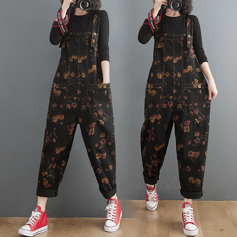 Printed denim overalls women's spring and autumn new large size fat mm high waist slimming all-match age-reducing loose jumpsuit trousers
