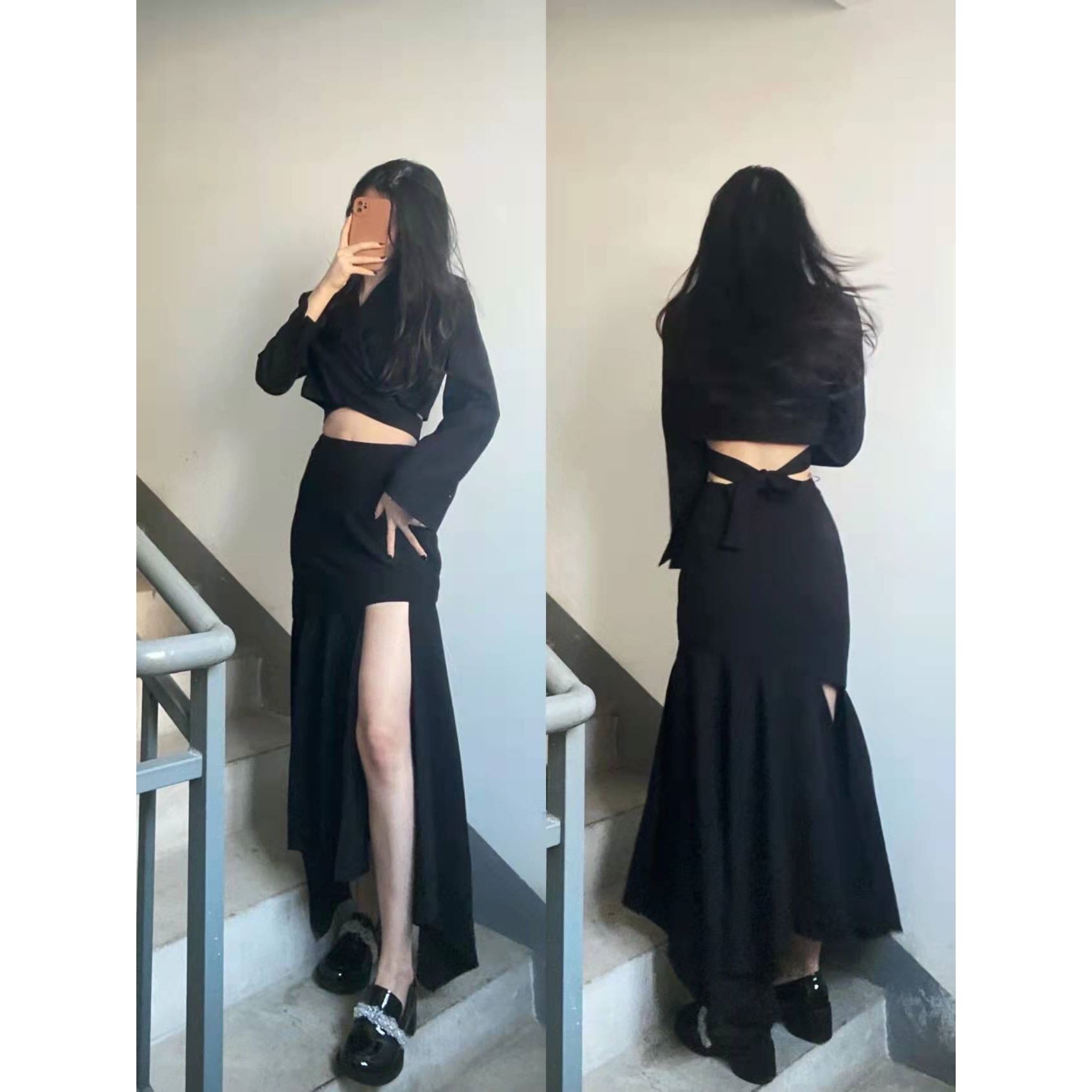 In early spring of 2022, the dark Department wears a two-piece suit with a Korean version of a small minority with a slim waist and a ruffled high waist skirt