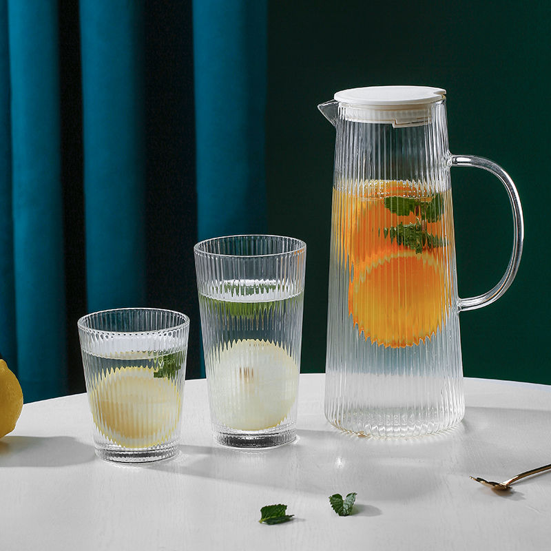 果汁壶简约条纹玻璃杯耐热水杯茶杯喝水杯子套装家庭待客家用茶具