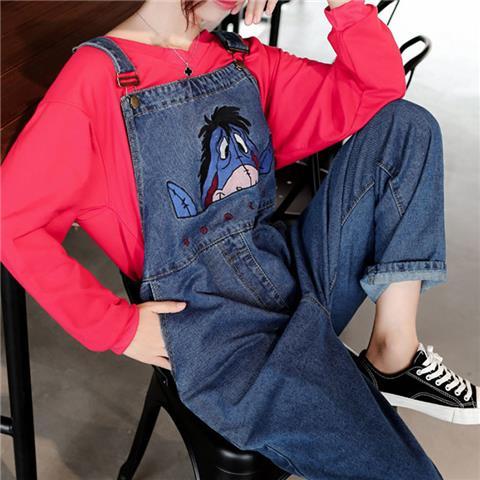 Denim suspenders cute little children large loose fat sister mm aging straight tube wide leg one-piece pants fashion