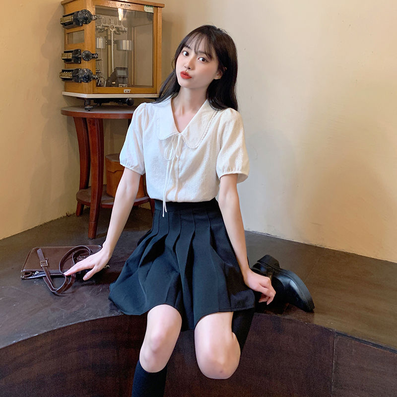 兩件套裝/單件韓系復古淑女裝娃娃領襯衫顯白氣質短袖上衣+百褶裙