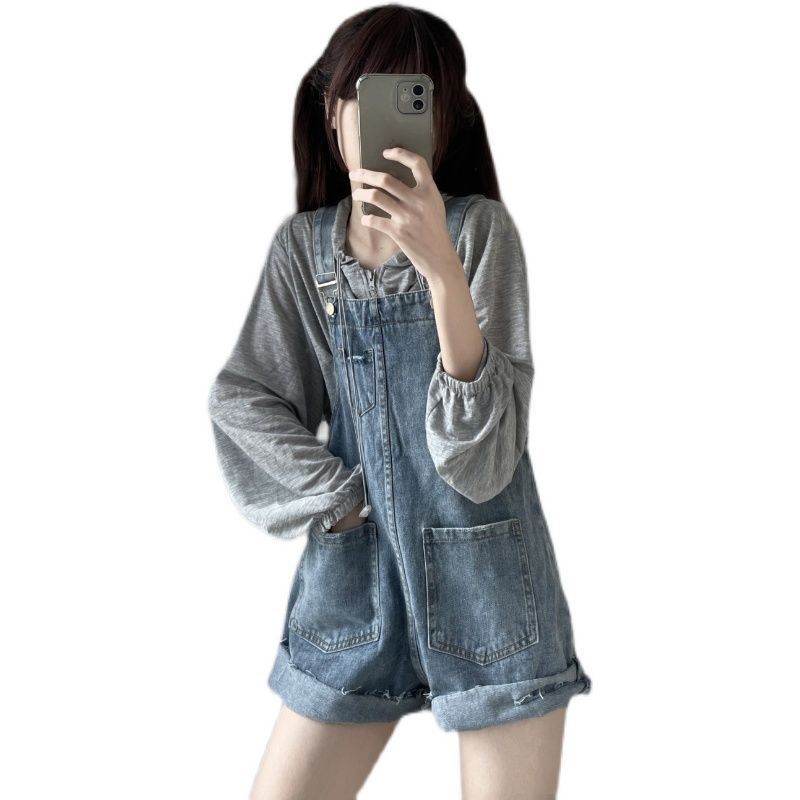 Cool salt style Hong Kong flavor fried street denim overalls women's 2023 summer small foreign style age-reducing suspenders one-piece shorts