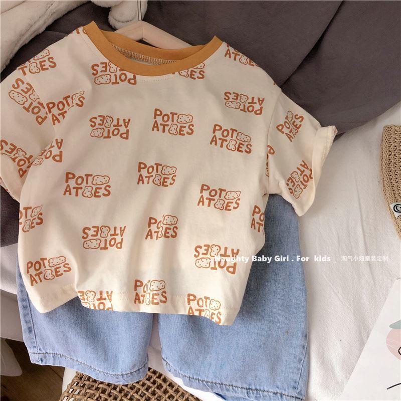 Children's cute letter T-Shirt Baby Korean version new summer boys' and girls' foreign style round neck kids' cotton short sleeve