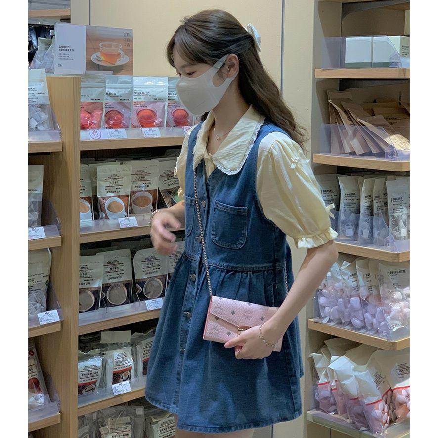 兩件套裝/單件學院風奶甜娃娃領襯衫減齡泡泡袖襯衣+牛仔連衣裙子