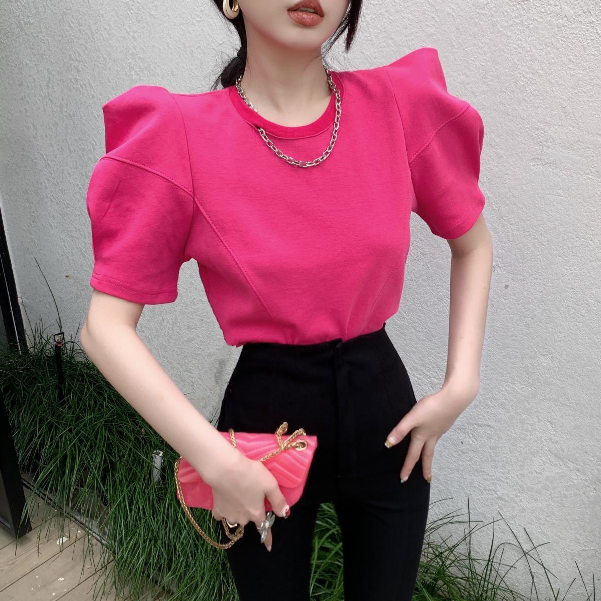 2023 new summer style loose right-angle shoulder puff sleeve T-shirt design Korean style chain round neck bottoming shirt top