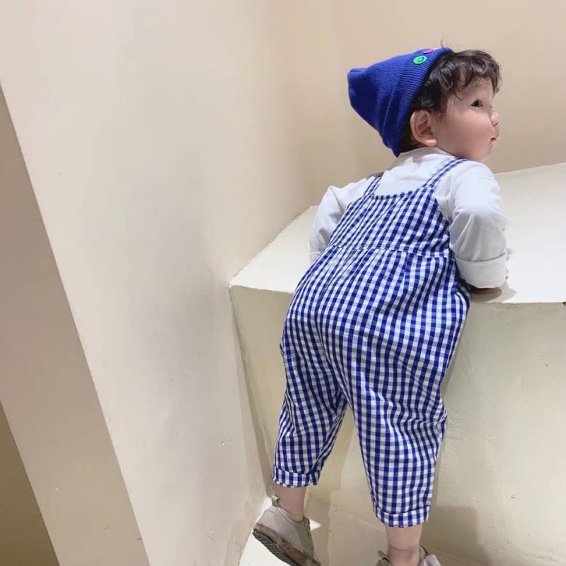 Children's plaid suit spring new Korean version cute boy and girl baby casual sweater boy overalls two-piece set