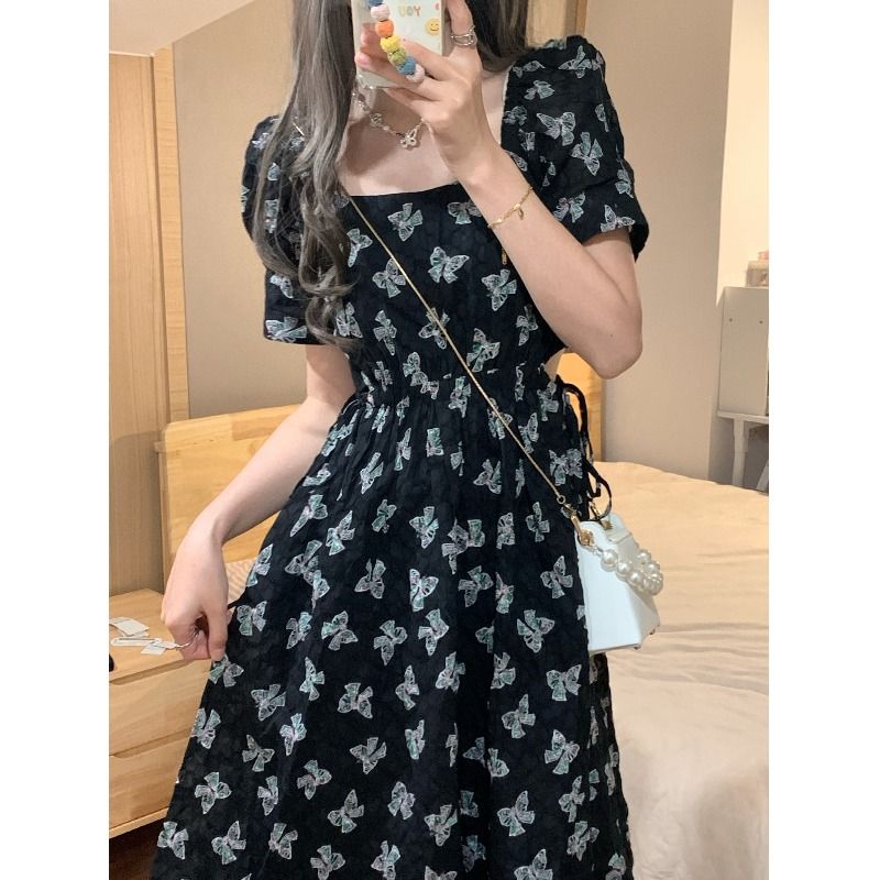 Black floral dress women's summer  new French retro super fairy waist slim design a-line skirt