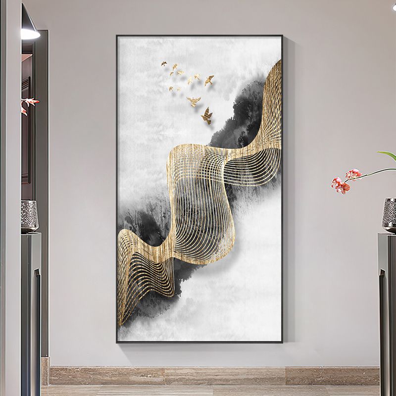 新中式玄关装饰画山水风景水墨线条壁画金色飞鸟走廊过道挂画竖版