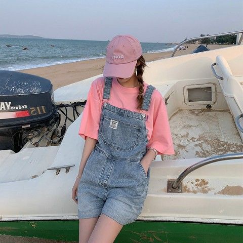 Net red denim suspenders women's summer and Korean version loose small man high waist foreign style age reduced wide leg one-piece overalls shorts