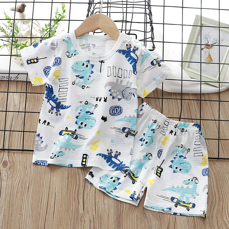 儿童夏季纯棉短袖套装洋气男女宝宝睡衣两件套薄款空调服婴儿衣服