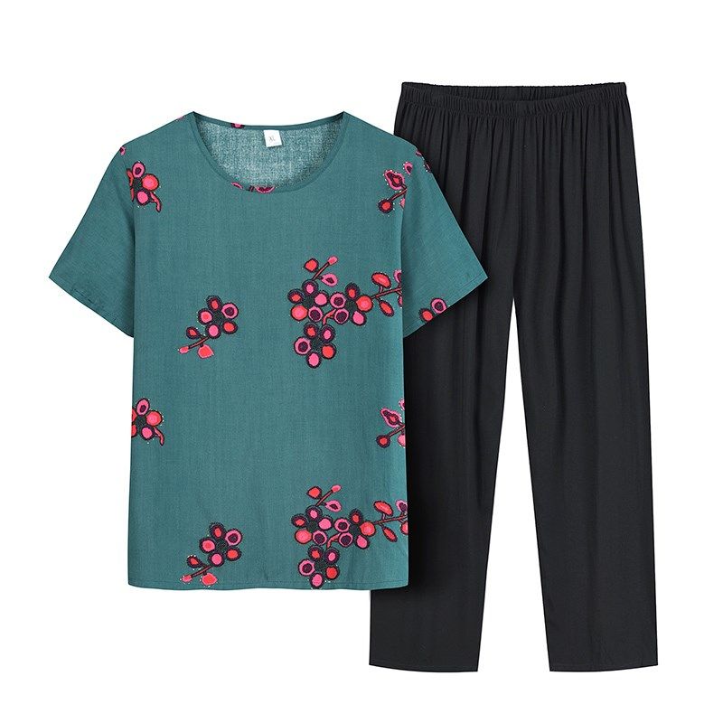 Middle-aged and elderly women's summer mother cotton silk suit grandma thin section short-sleeved top elderly pajamas large size two-piece set