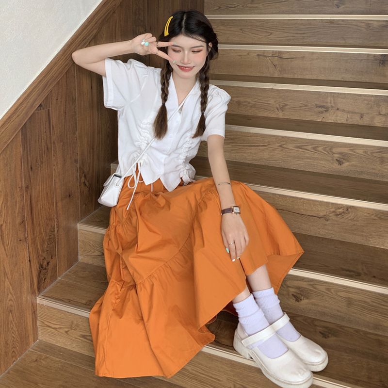套裝女2022夏季新款設計感V領抽繩短袖襯衫+拼接蛋糕半身裙兩件套