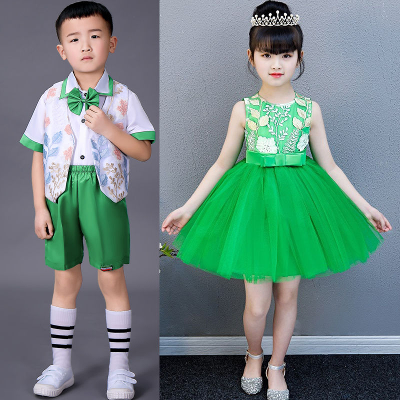 六一儿童演出服大小班合唱服女童时尚公主裙幼儿园绿色小草表演服