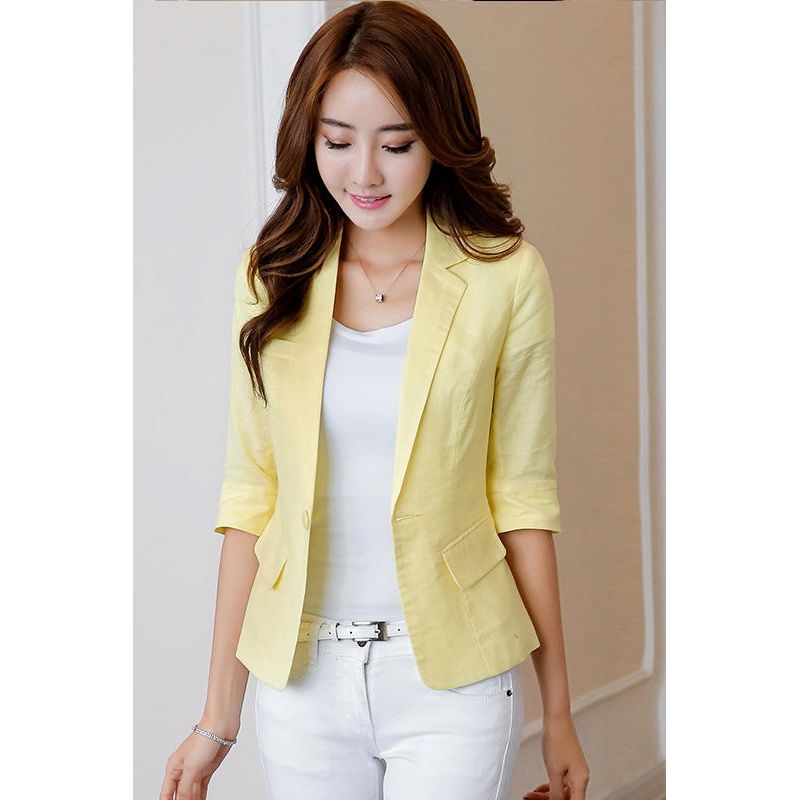  small suit women's mid-sleeved short style new slim thin suit cotton and linen casual three-quarter sleeve top coat spring