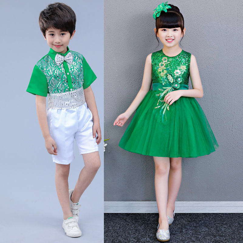 六一兒童演出服大小班合唱服女童時尚公主裙幼兒園綠色小草表演服