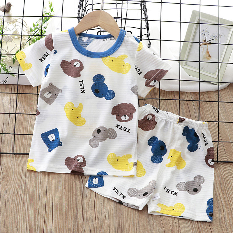 儿童夏季纯棉短袖套装洋气男女宝宝睡衣两件套薄款空调服婴儿衣服