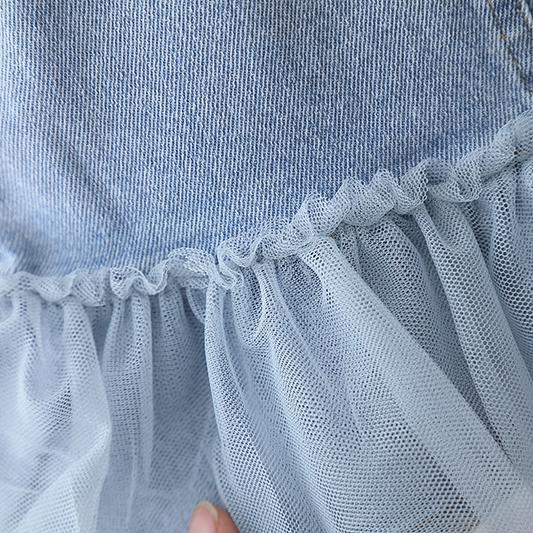 Girls' denim skirt, western style 2022 summer dress, new Korean girls' baby pearl mesh denim skirt, princess skirt