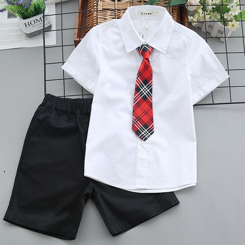 男童白襯衫黑褲子演出服夏季大童短袖兒童襯衣男孩小學生校服套裝