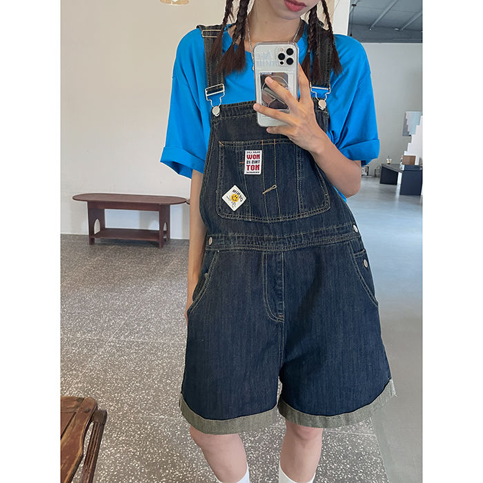 Denim suspender shorts women's spring  new loose dark blue high waist straight tube suspender wide leg quarter pants