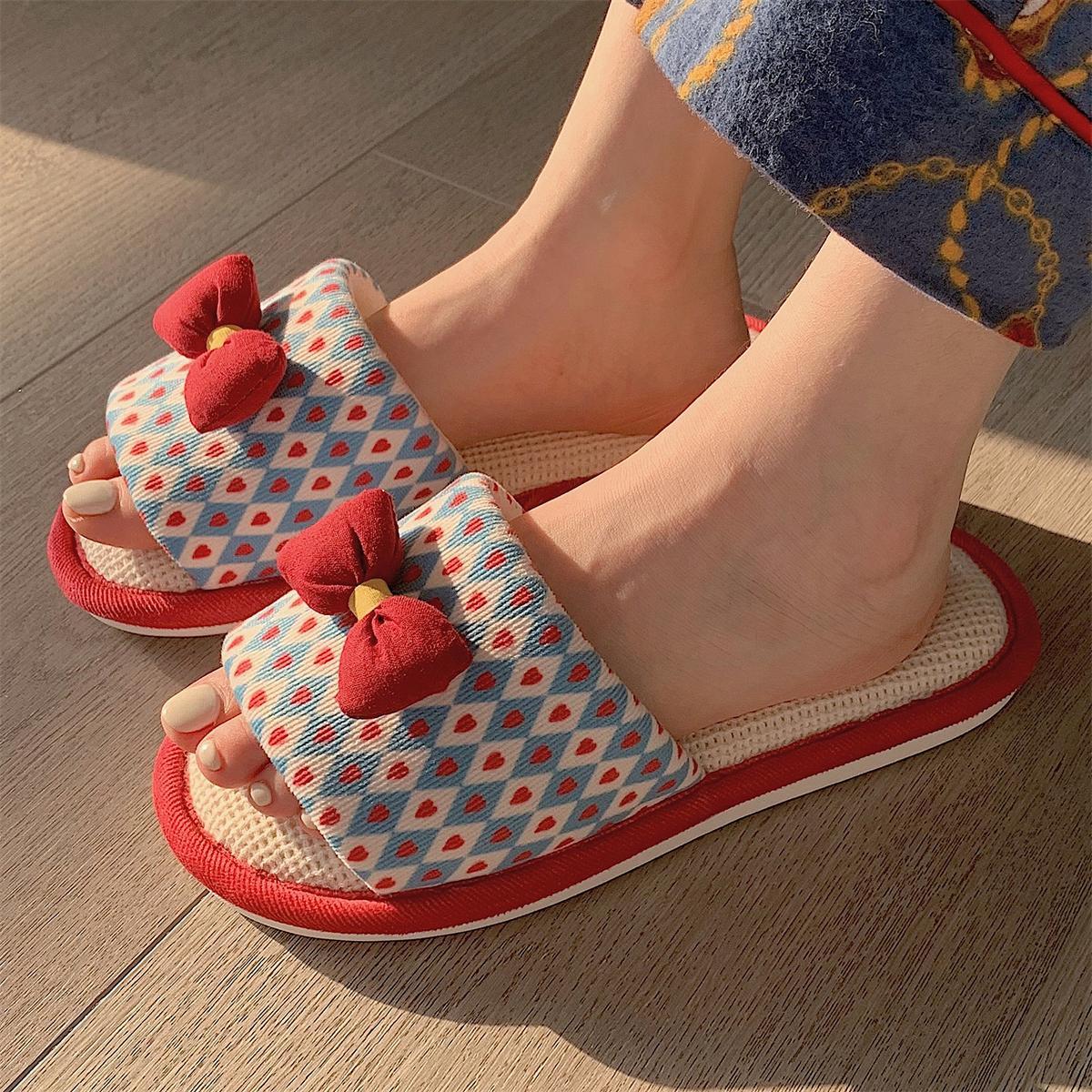 Thin strip women's spring and summer home bedroom fairy wind non-slip soft bottom linen slippers four seasons bowknot cotton and linen sandals
