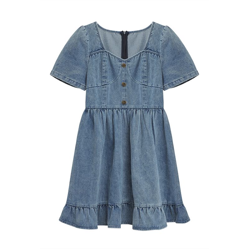  chic niche denim dress retro square collar vintage vintage skirt sweet short-sleeved princess skirt